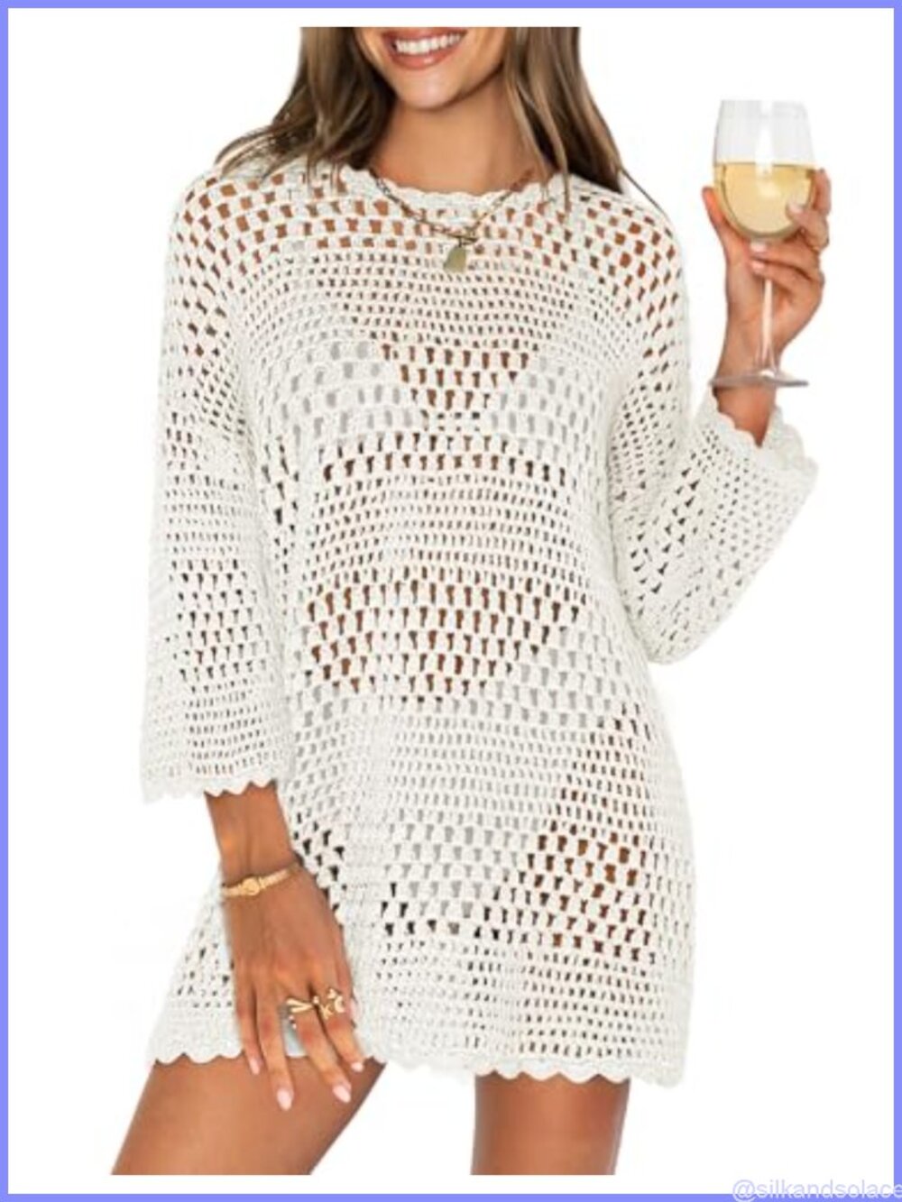 Crochet Knit Mesh Bathing Suit Cover Up Mini Dress Loose Fit